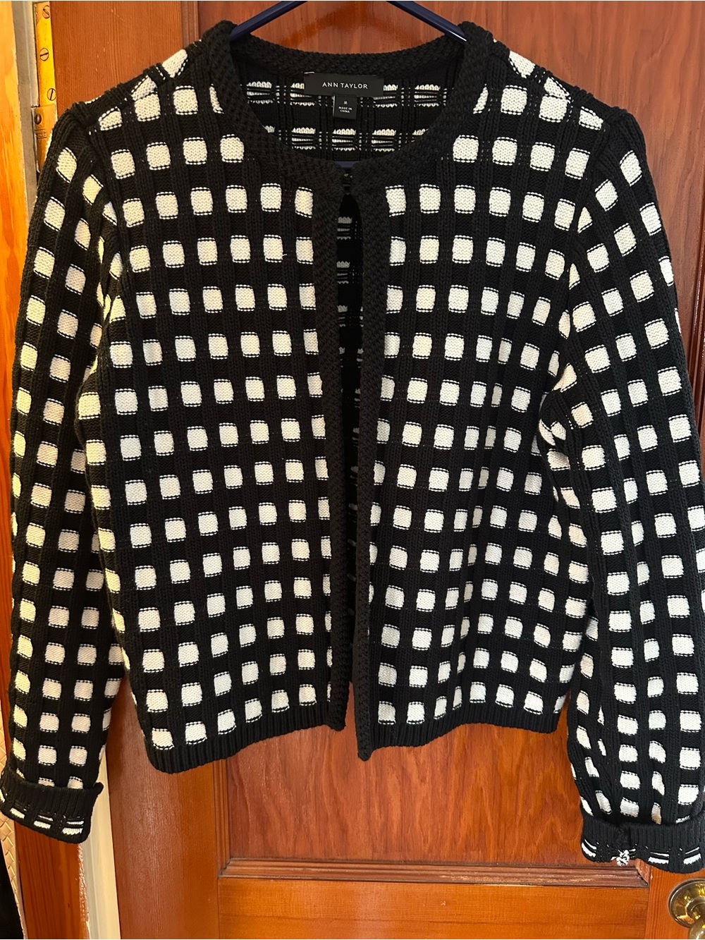 Ann Taylor Black and White Checked Knit Cardigan